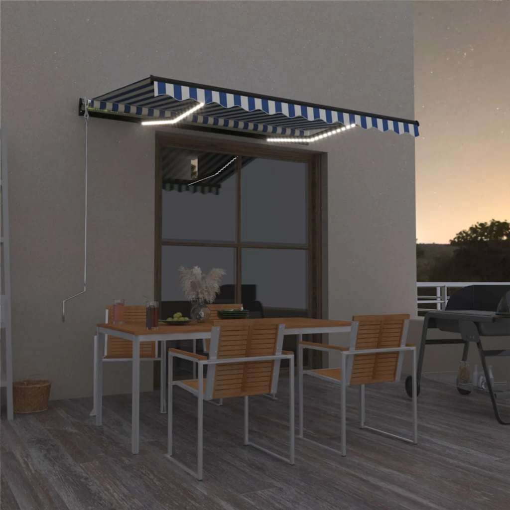 Ręcznie zwijana markiza z LED, 350 x 250 cm, niebiesko-biała vidaXL