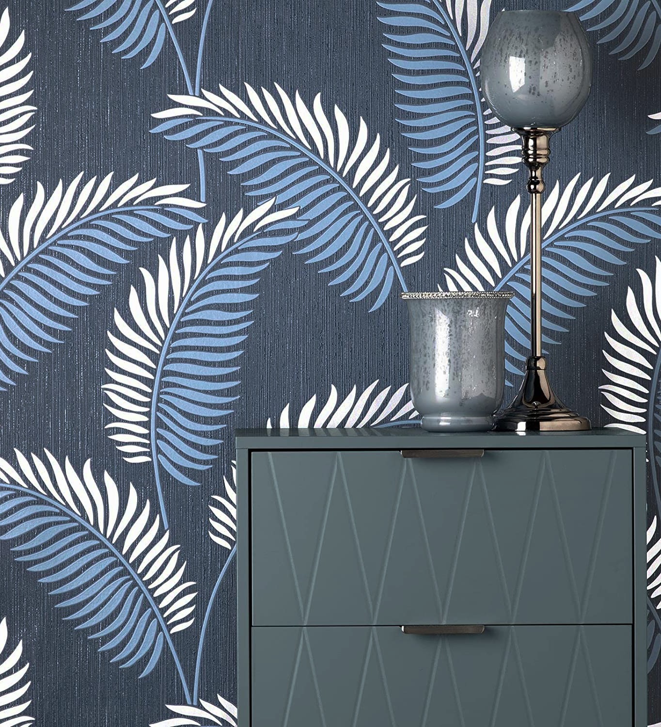 Papel pintado vinílico lavable tropical de hojas en relieve y detalles metalizados - alan palmer 681290 de gaulan - rollo de 10 m x 0,53 m