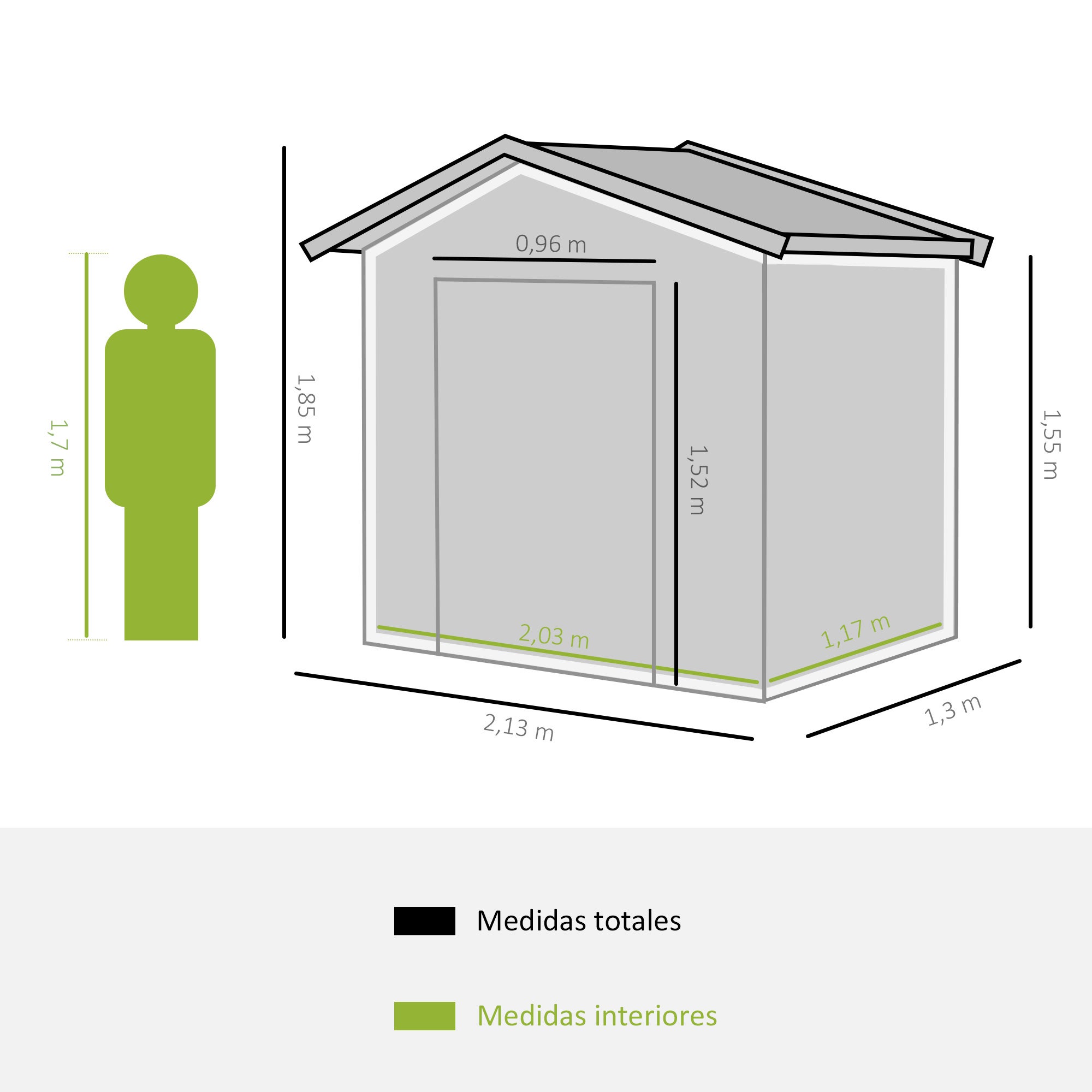 Caseta Jardín Metálica 213x130x185cm Verde - 2 Puertas Correderas 4 Ventanas Almacén Herramientas - 2