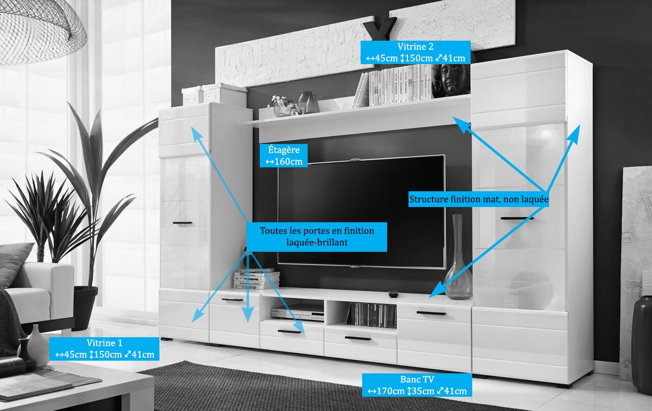 Meuble TV Switch 260 cm BLANC laqué avec vitrines LED multicolore - 4