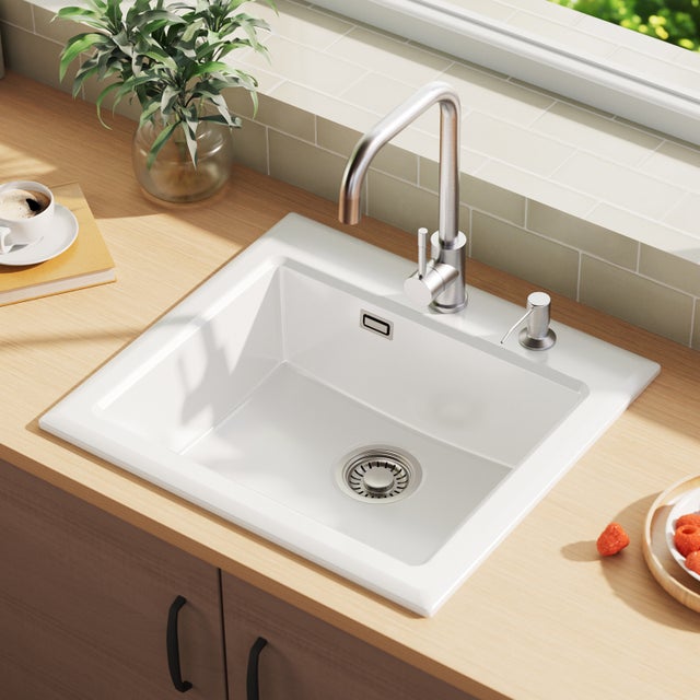 CECIPA MAX Evier de cuisine en Ceramique 55*50cm, Evier a Encastre Blanc, Eveir 1 Bac Kit de Vidage