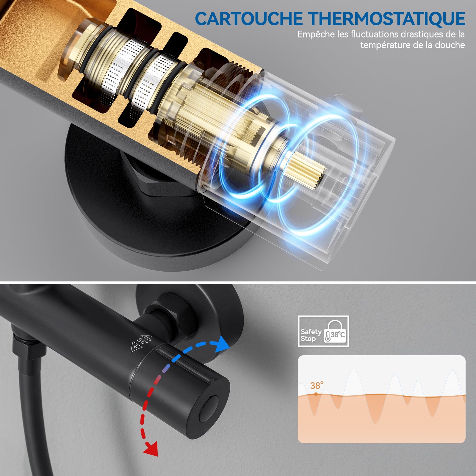 SOFETIY MAX Ensemble de Douche Noir avec Mitigeur ThermostatiqueCarrée 30*30cm,Pommeau Douche ronde 5 Jets - 2