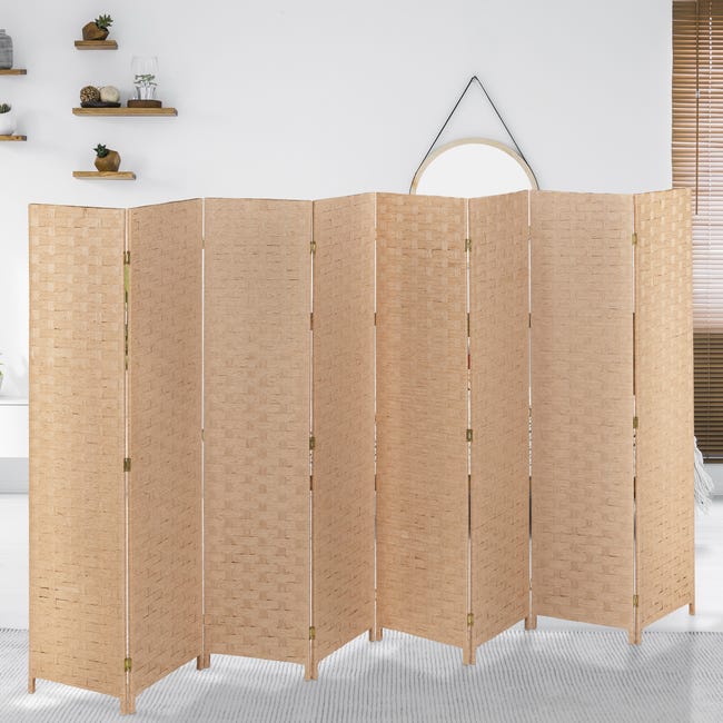 Paravent 3 Volets Relaxdays Bois Et Corde De Papier Blanc - Séparateur D'Espace Pliable 170x120 Cm