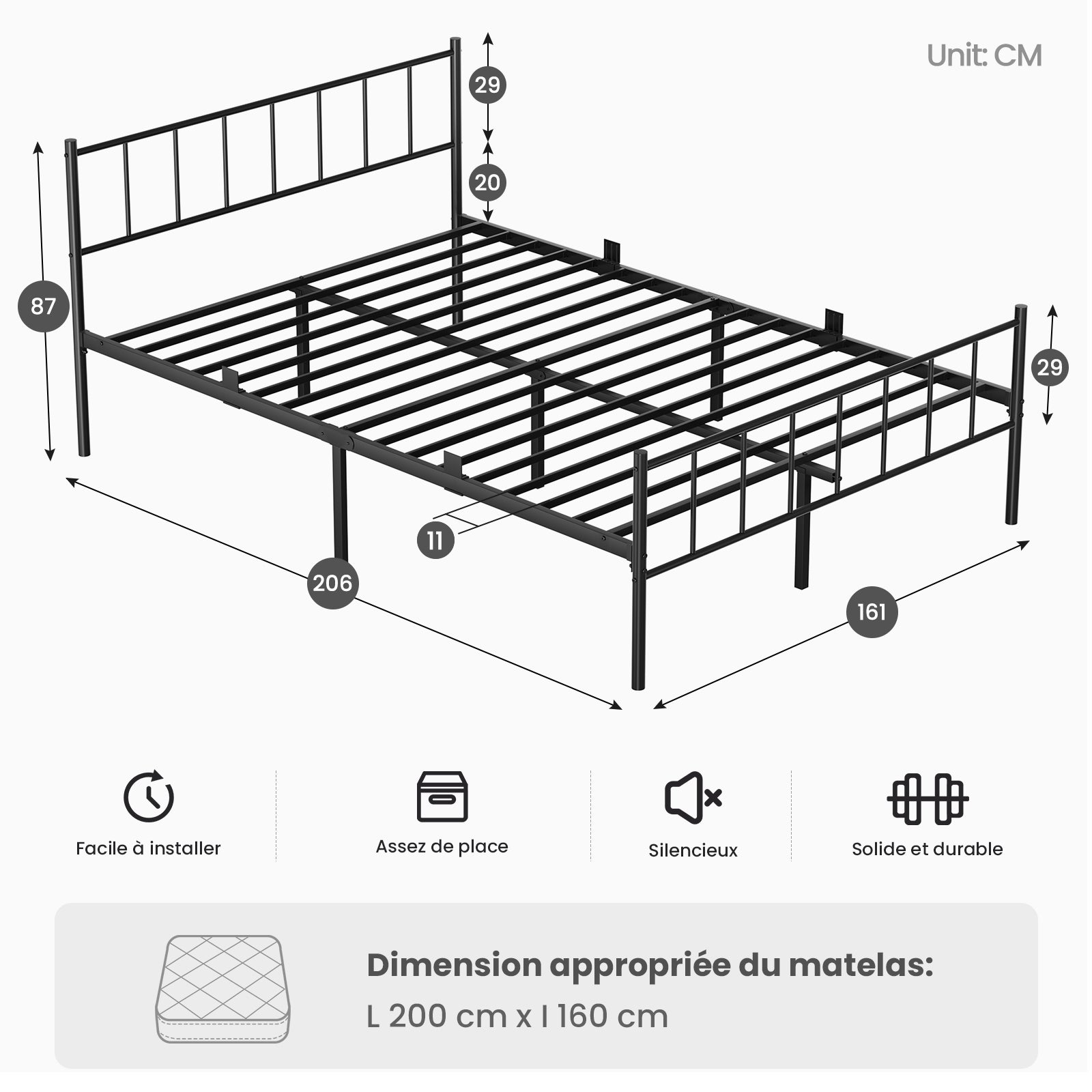 Lit Métallique 160x200 cm, Lit Minimaliste Pour Deux Places, Avec Tête Et Pied De Lit Inclus, Extra Solide, Grand Espace De Rangement - 2