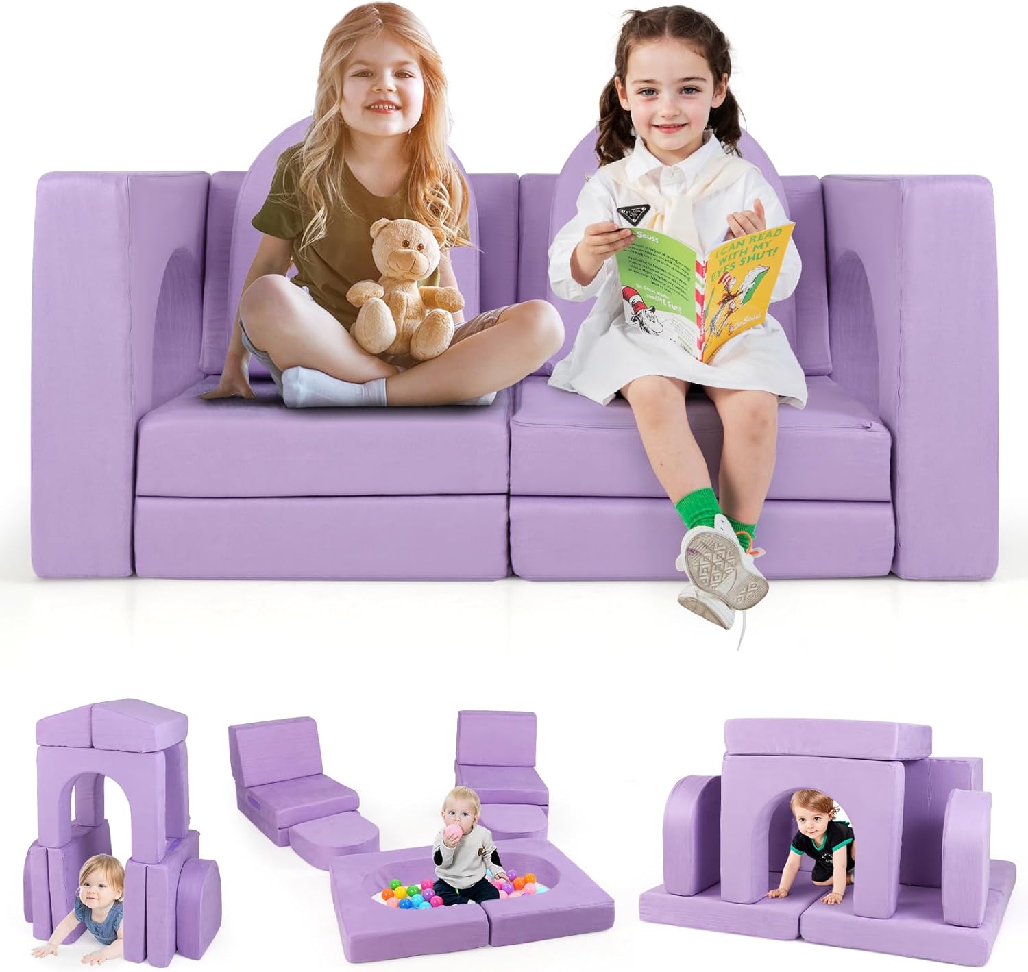 COSTWAY Divano Modulare Bambini 9 Pezzi - In Schiuma E Tessuto Suede, Convertibile, Lavabile (Beige)