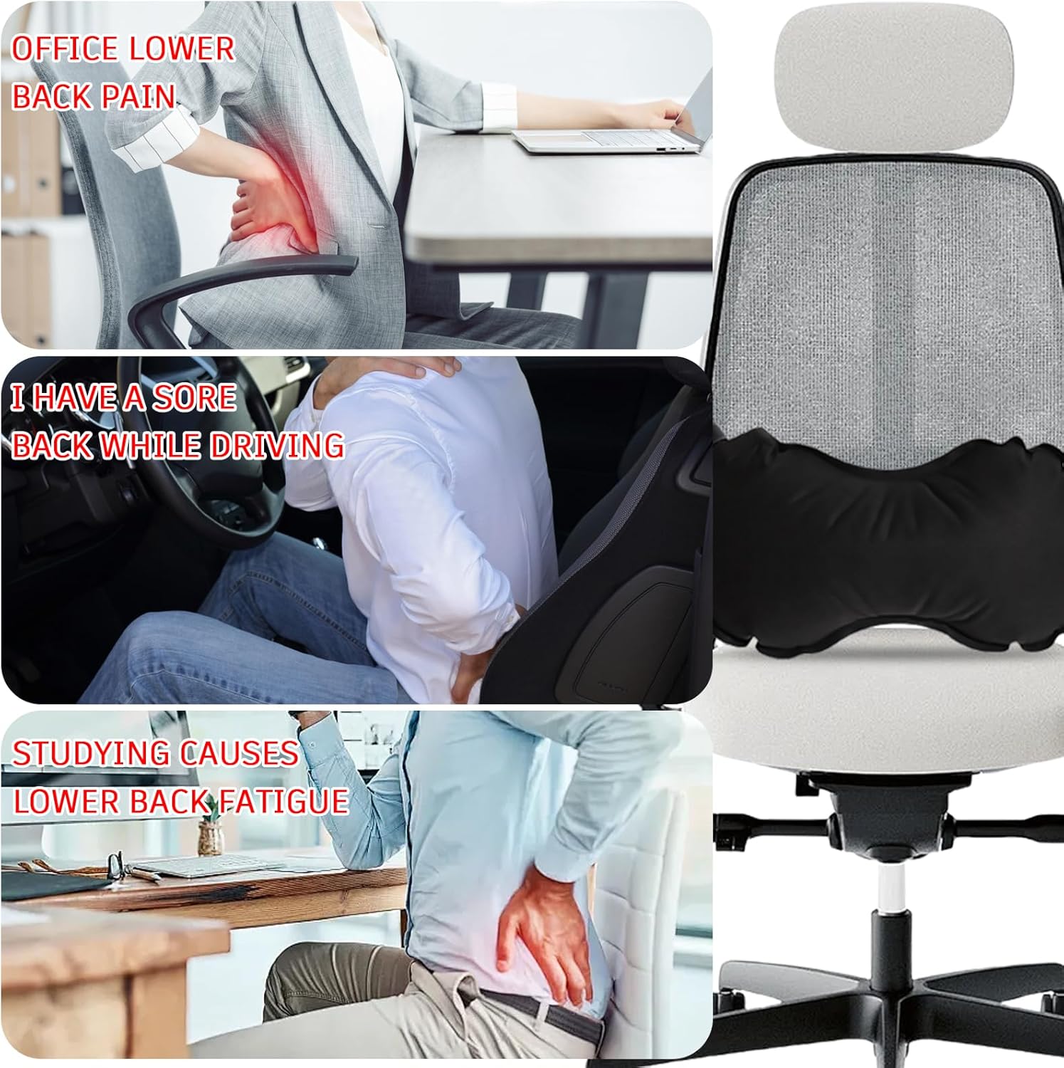 38*22cm Noir Coussin Lombaire Voiture, Coussin Voiture Lombaire, Oreiller De Soutien Lombaire Pour Chaise De Bureau, Coussin Dossier Canapé - 3