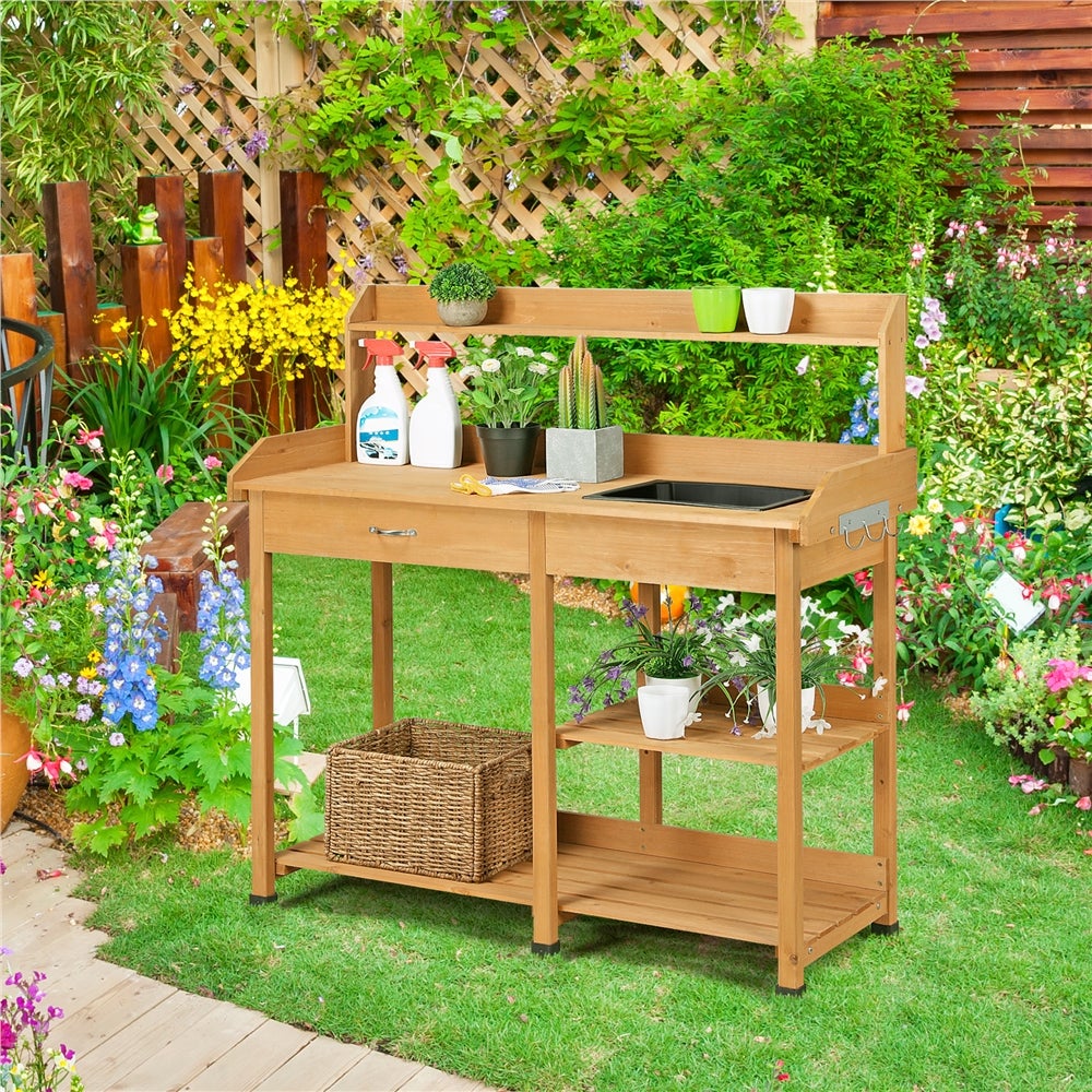 Table de Jardinage en Bois avec Évier Amovible, Tiroir, Crochets et Étagères de Rangement, Couleur Bois Yaheetech - 2