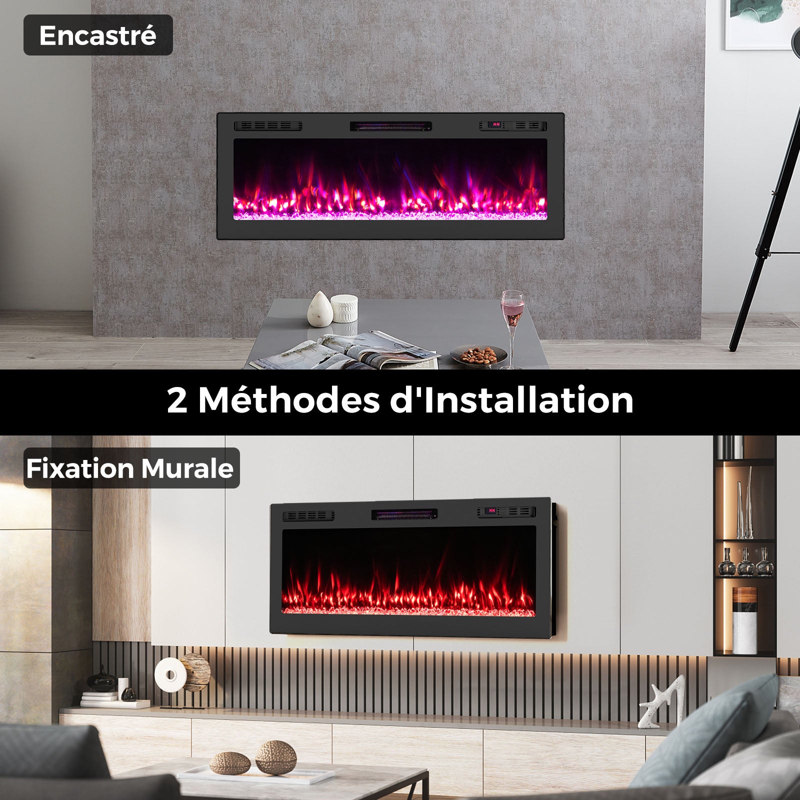 127cm Cheminée Électrique avec Chauffage 750W/1500W | Cheminee Decorative avec Effet Flamme LED | 12 Couleurs | 5 Luminosités | 5 Vitesses - 9