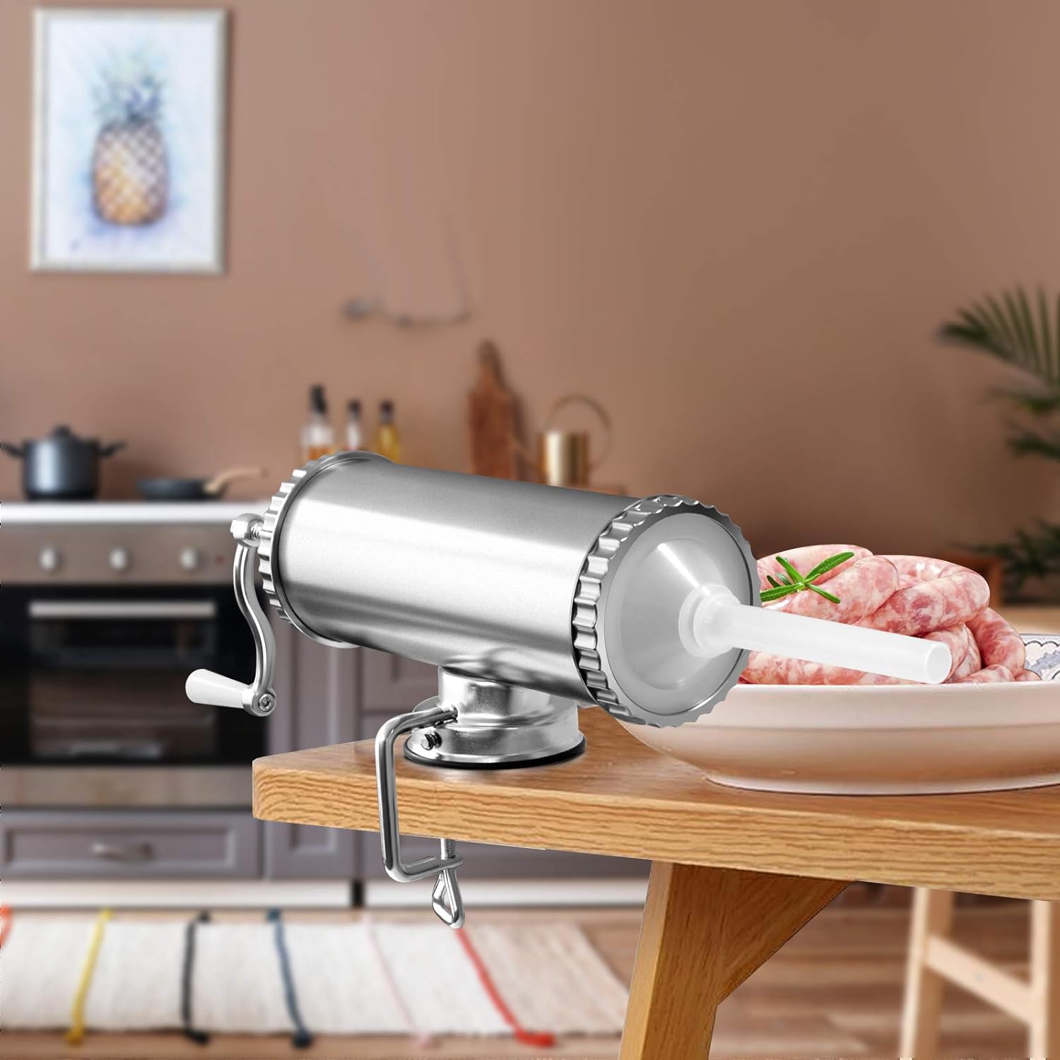 Poussoir à Saucisses Manuel 3 Livres (1,36 Kg) - Acier Inoxydable Avec 4 Tubes De Remplissage - Design Vertical