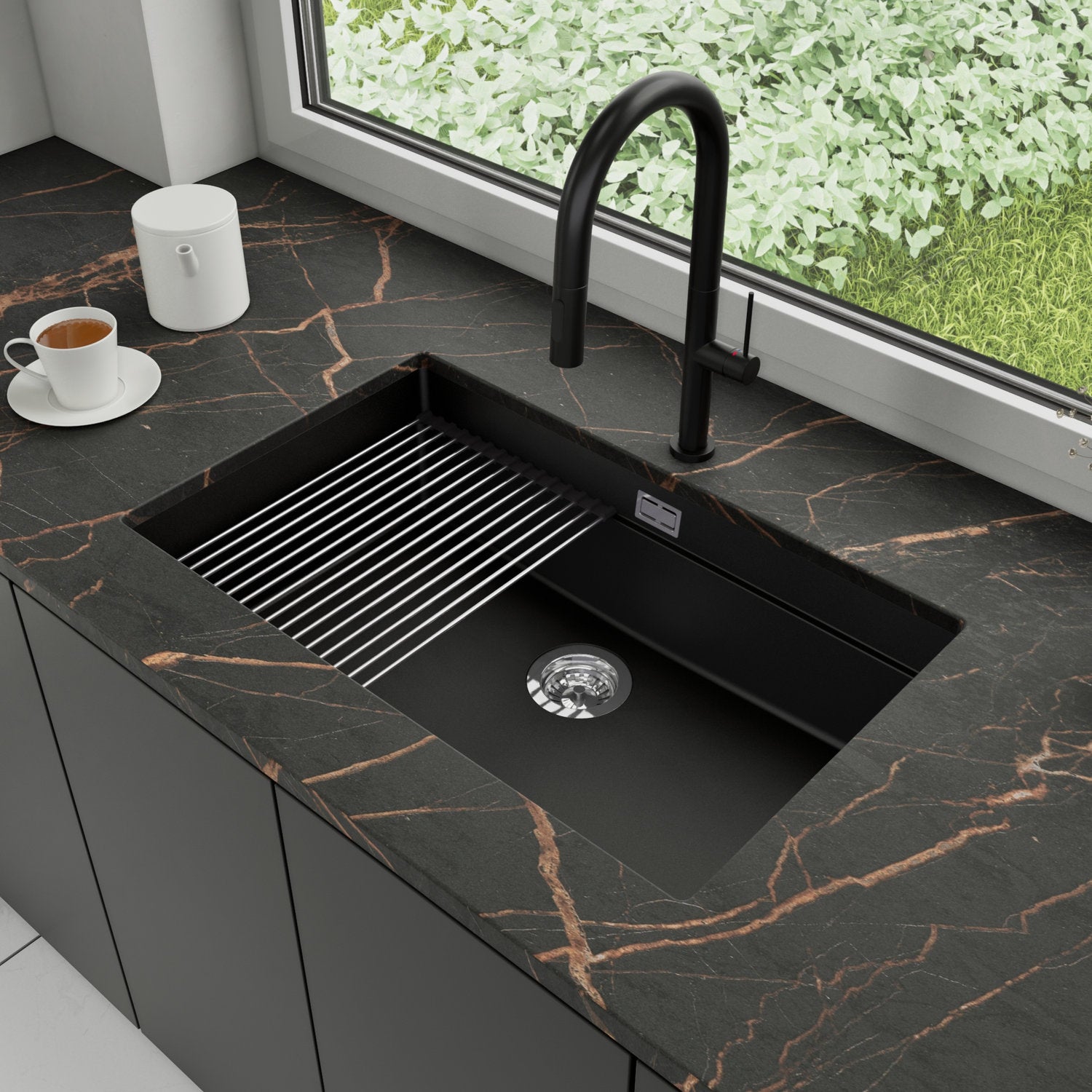 Zlewozmywak podblatowy 76x47cm, do szafki od 80cm + Bateria + Syfon + Zwijany ociekacz - Coral Czarny STONESTYLE