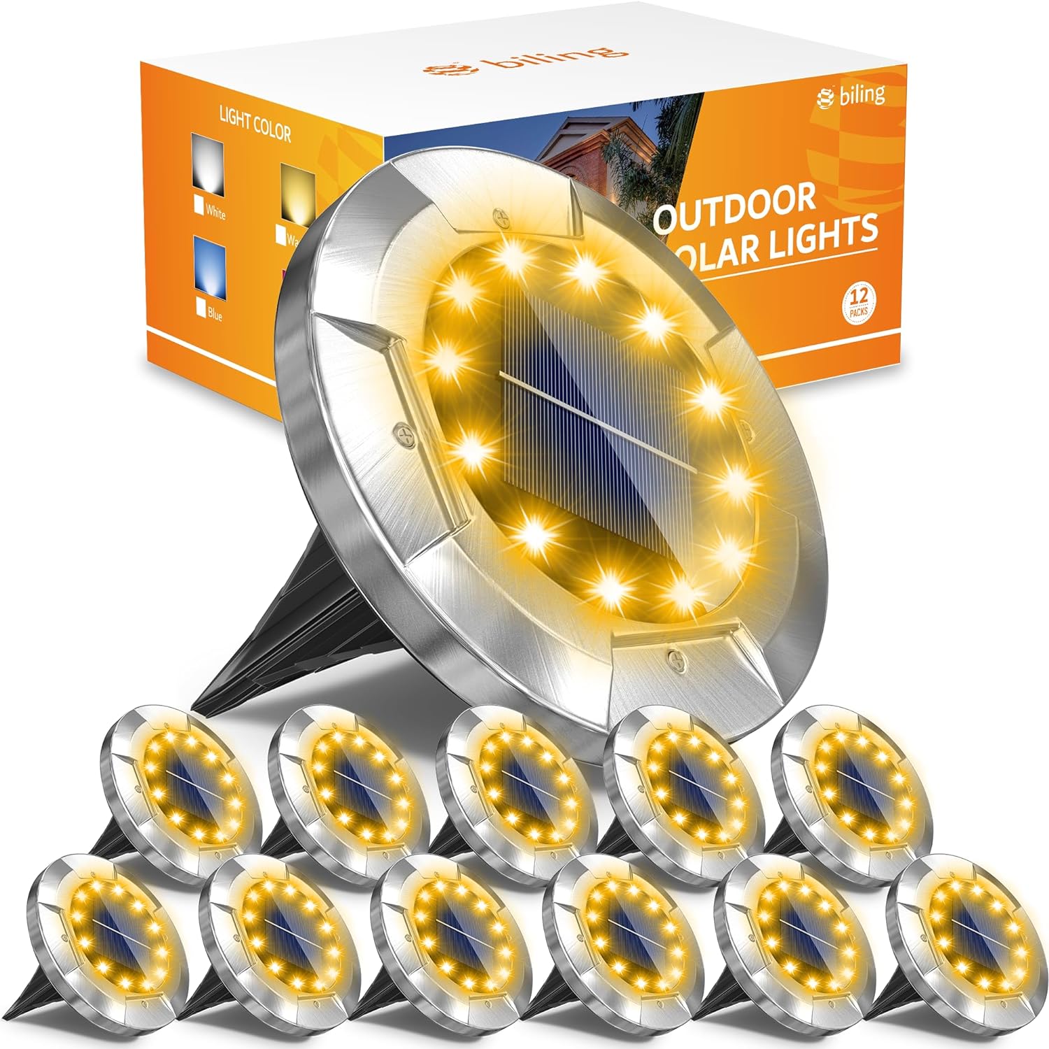 Zestaw 12 zewnętrznych lamp solarnych, lampy solarne do wkopania IP65, oświetlenie krajobrazu, odpowiednie do trawnika, na patio, światło ciepłe