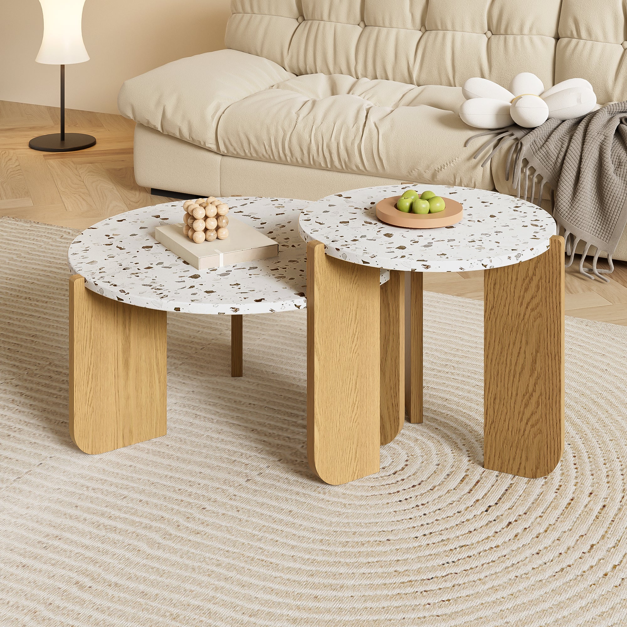 Zestaw 2 składanych stolików kawowych - Przeplatany wzór kolorystyczny - Drewno MDF - Biały + naturalny - 3