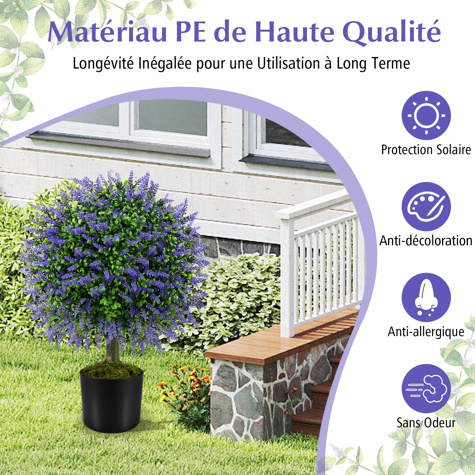 Lot de 2 Boules de Lavandes Artificielles de 58&nbsp;cm avec Pot en Ciment, Arbuste Artificiel pour Intérieur Extérieur, Décoration - 6