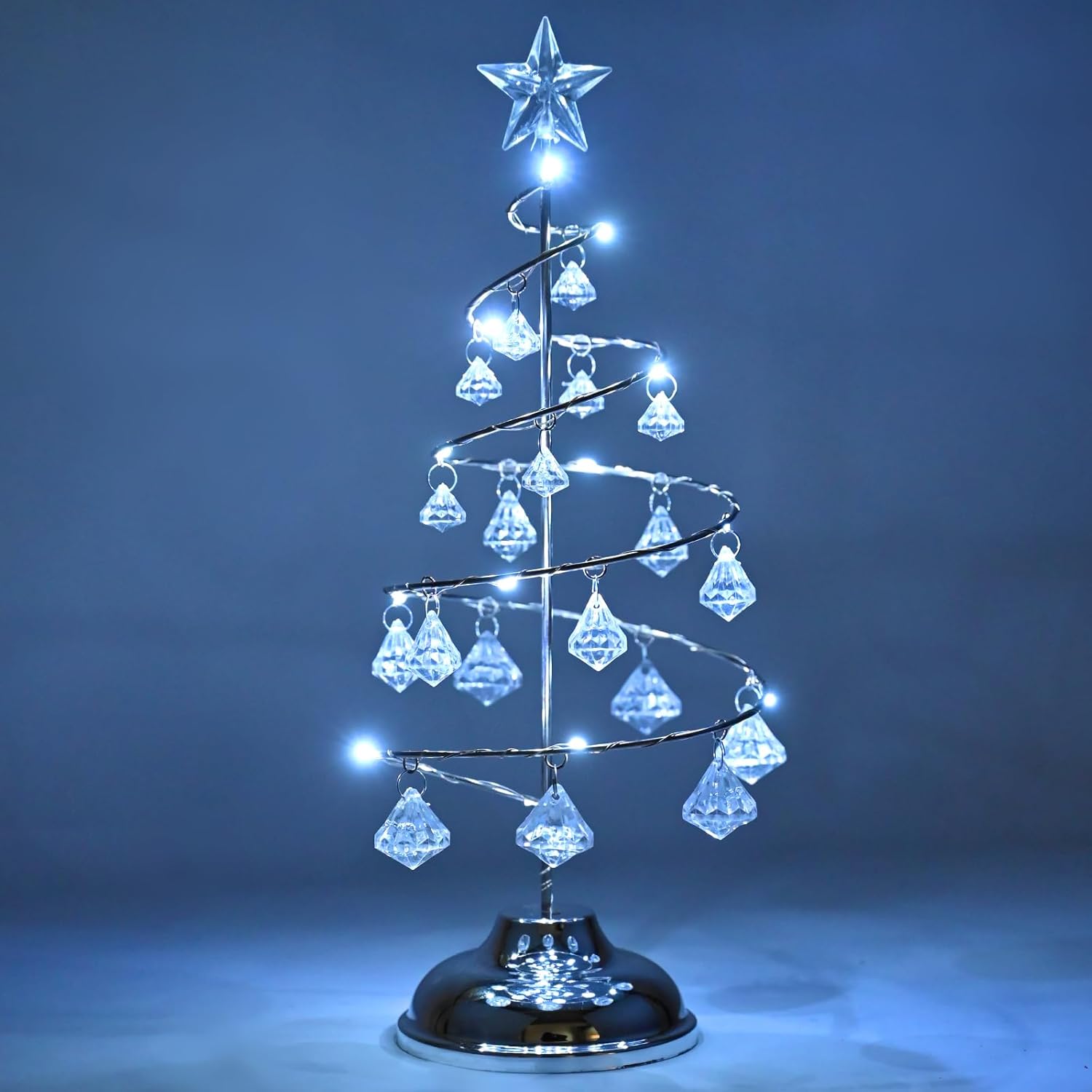 Kryształowe lampki choinkowe, dekoracja stołowa na choinkę, 33 cm, z diodami LED i kryształową zawieszką, w kolorze srebrnym