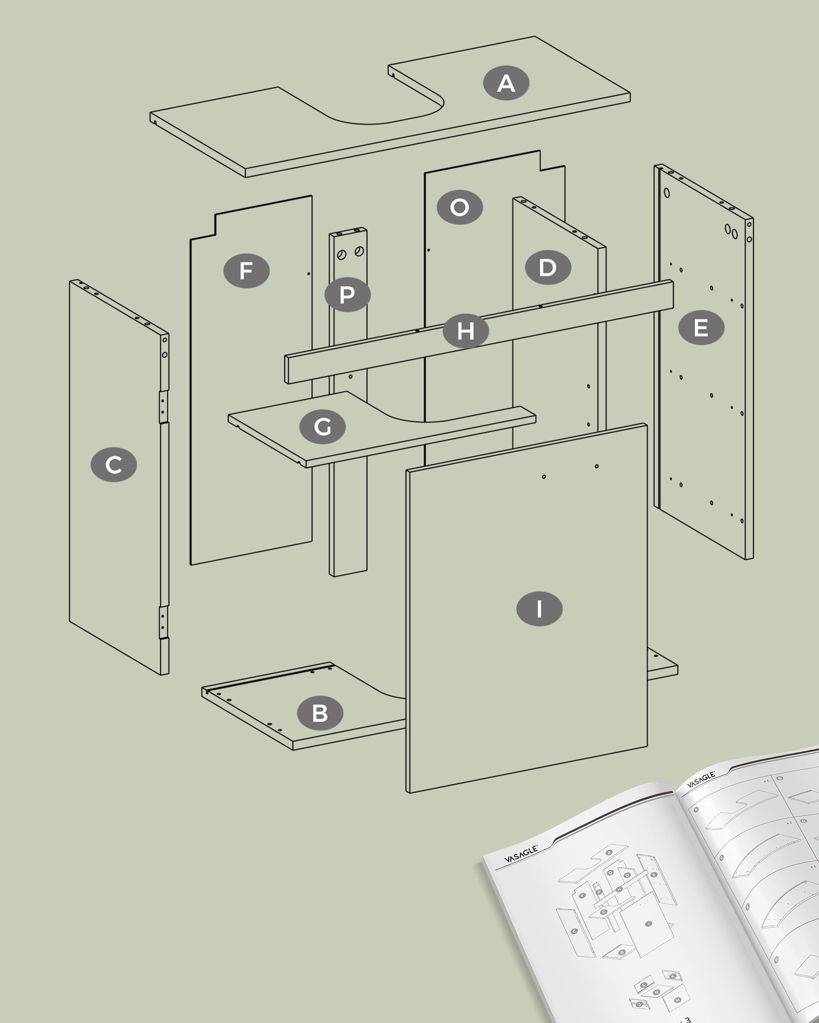 Meuble sous lavabo, 3 Tiroirs Latéraux, 2 Cases derrière la Porte, pour Lavabos sur Colonne, avec Pieds, 30 x 70 x 64 cm, Blanc et Beige Naturel - 7