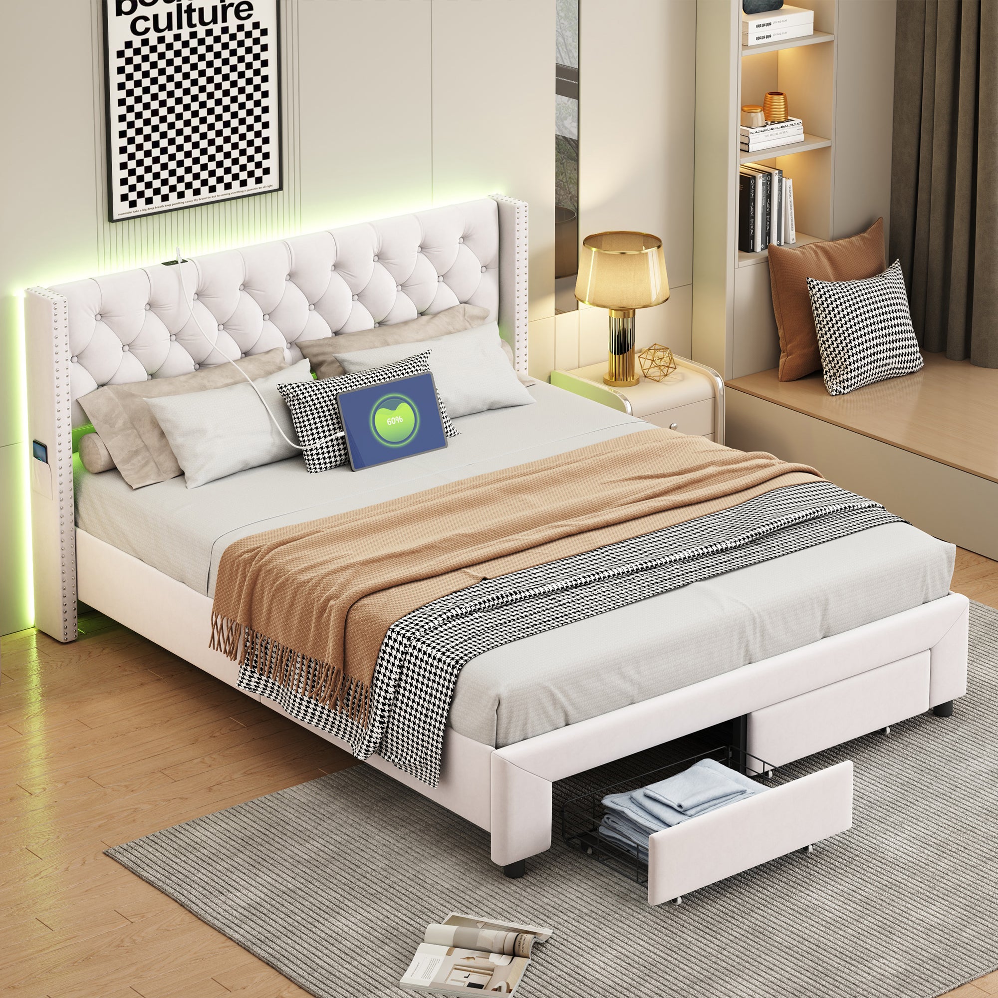 MIOOSUT Letto matrimoniale per adulti, 140 x 190, letti con rete LED e USB, letti con contenitore e testiera per letti, adolescenti, immagazzinaggio idraulico, adulto, velluto, senza materasso (grigio