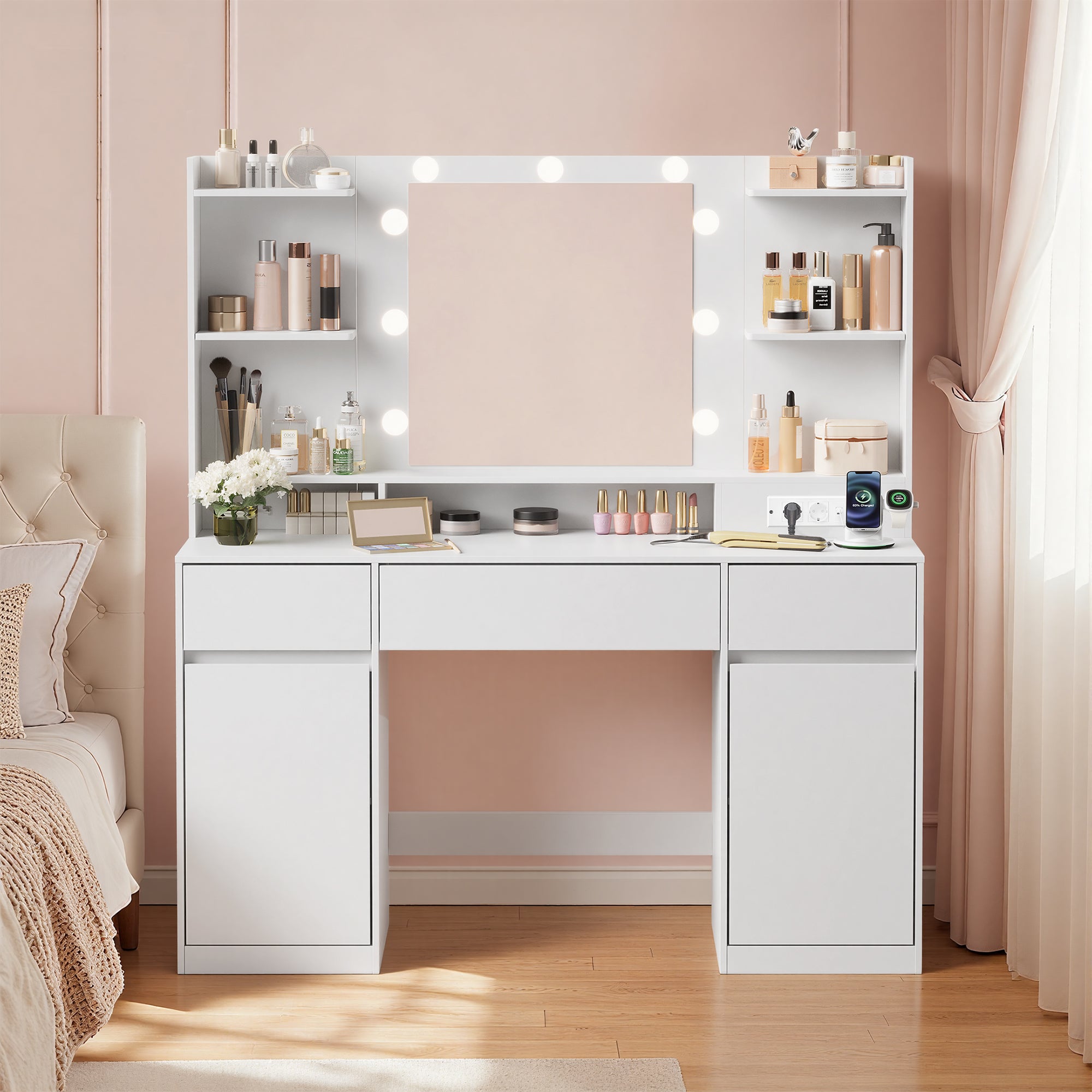 Coiffeuse avec Miroir LED, Multiprise, 2 Placards, 9 Ampoules, Éclairage 3 Couleurs, Blanc - 8