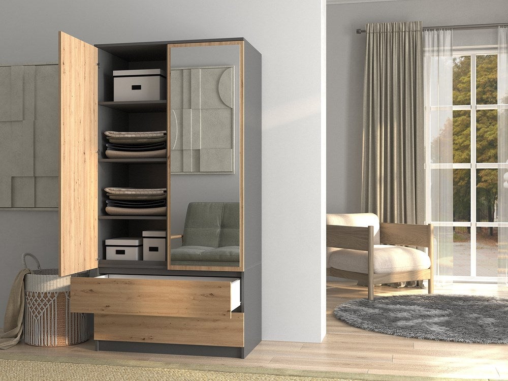 TURIN - Armoire 2 portes avec miroir style moderne chambre à coucher - 90x50x180 - 2 tiroirs - Gris&Aspect bois - 5