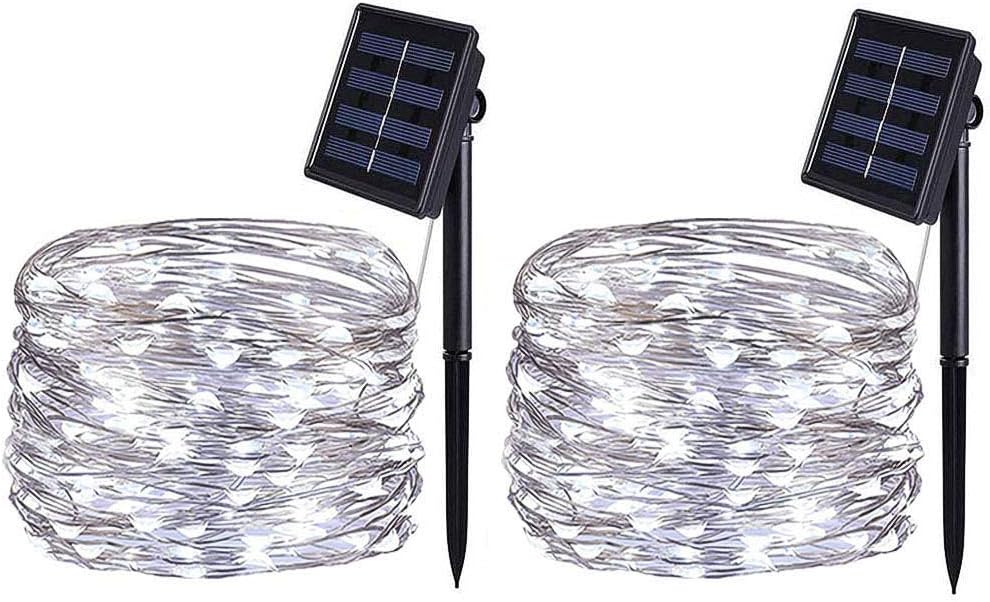 Solarna Girlanda Światełek, 12M 100LED Solarna Girlanda Światełek Zewnętrzna, 8 Trybów Wodoodporny Drut Miedziany do Dekoracji (Zimna Biel, 2 sztuki)