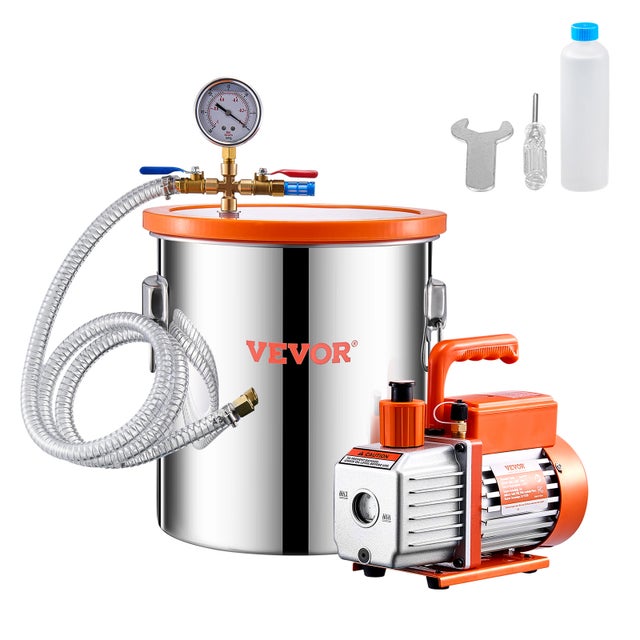 Pompe à vide VEVOR 99 L/min,chambre inox 19 L,dégazage 1 étage,couvercle acrylique,huile 330 mL,tuyau 1,5 m,pour dégazage résine époxy silicone