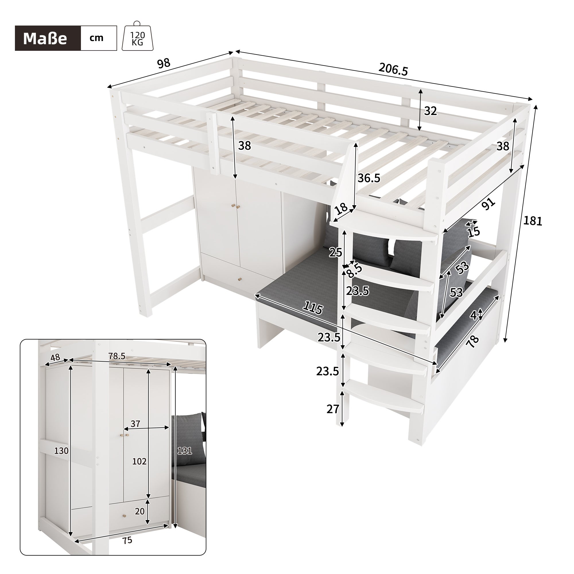 Letto a castello 90 x 200 cm, letto per bambini, con scaletta, armadio, divano con spazio contenitore, senza materasso, legno massello, bianco - 7