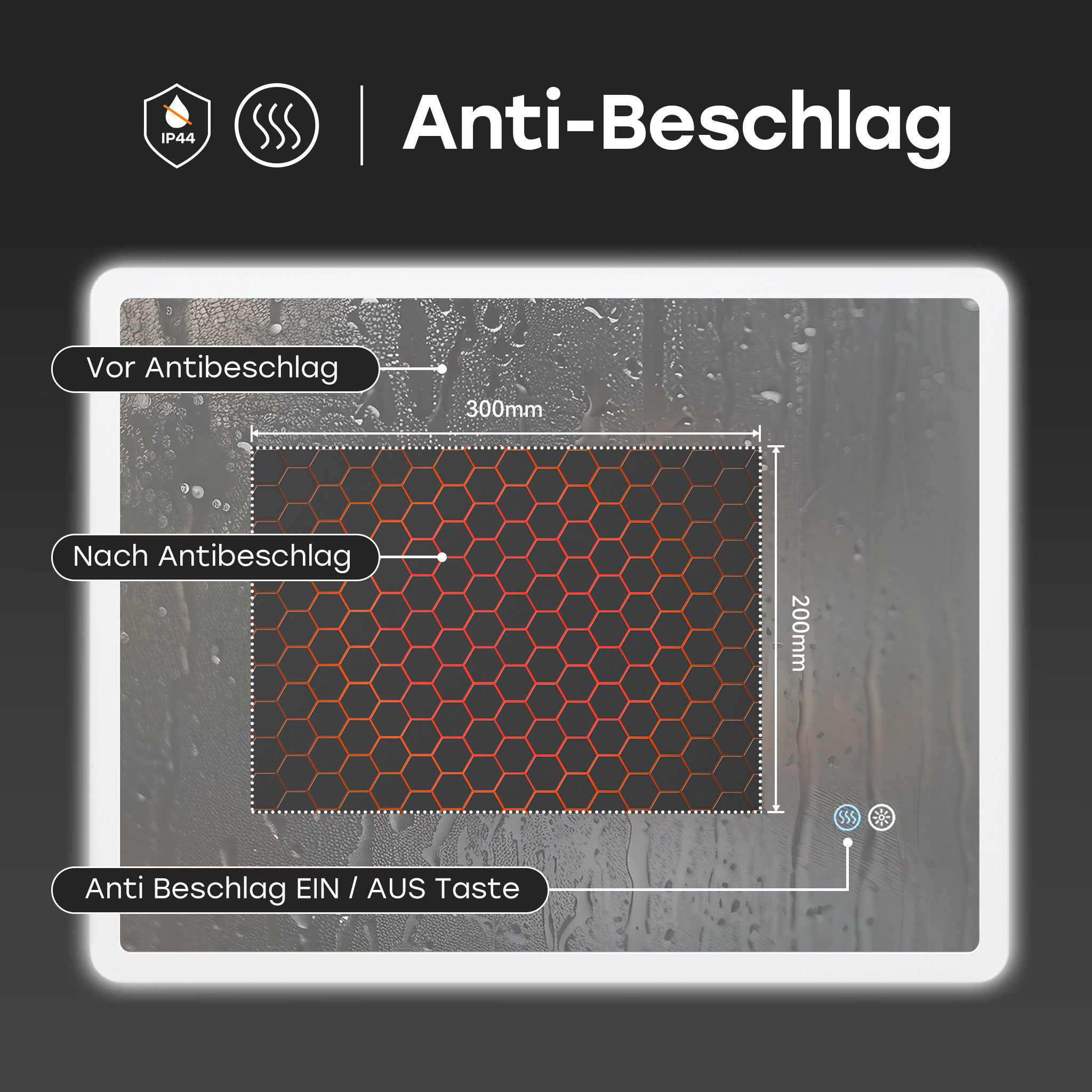 Specchio da bagno LED 50x70 cm, antiappannamento, dimmerabile, funzione memory, con pulsante Smart Touch HOROW - 5