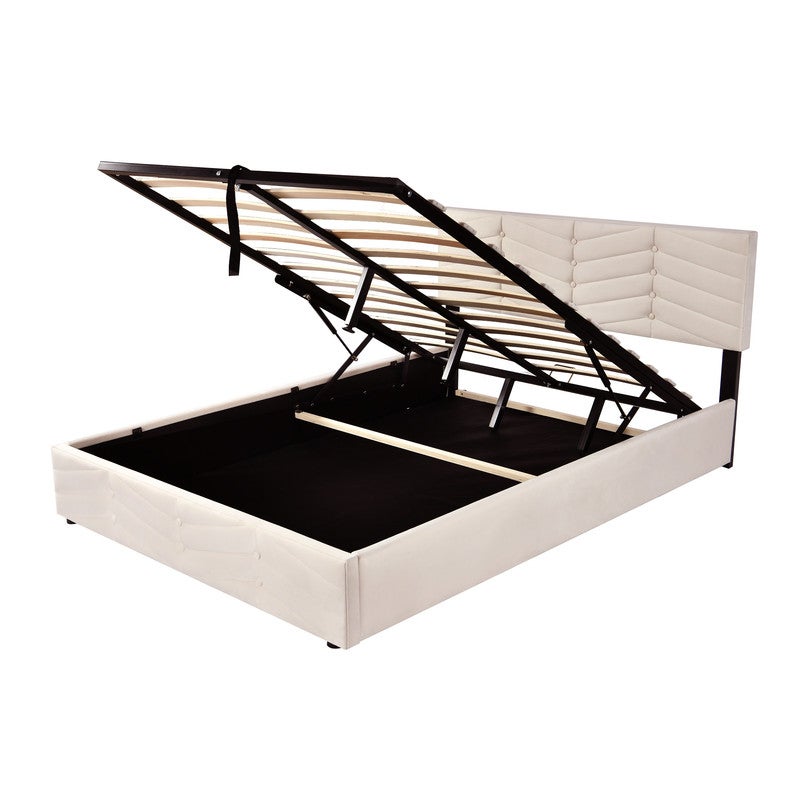Cama 140x190 con somier, Cama tapizada 140x190 con cabecero regulable, Cama canapé 140x190 con espacio de almacenaje, Terciopelo beige - 4