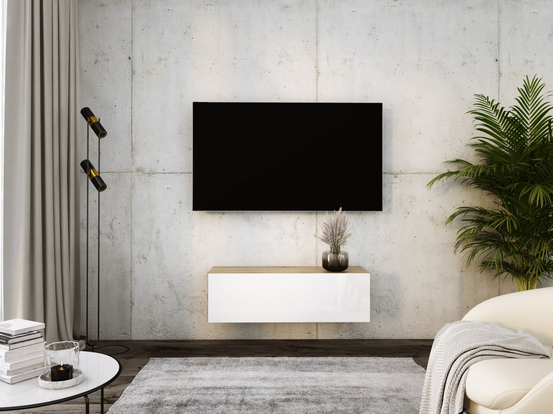Szafka RTV : Dąb Wotan / Biały Połysk, 100 x 32 x 34 cm