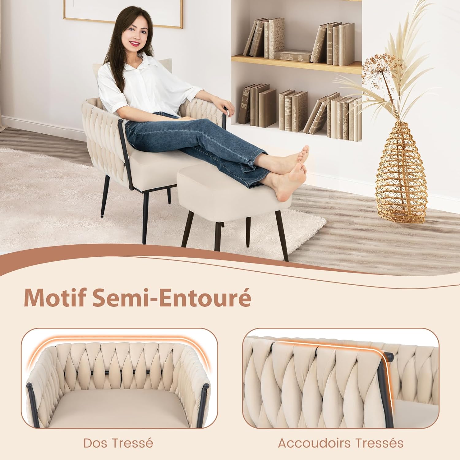 Poltrona Con Poggiapiedi Beige - Sedia Lettura Intrecciata Per Camera Da Letto - Foto 10