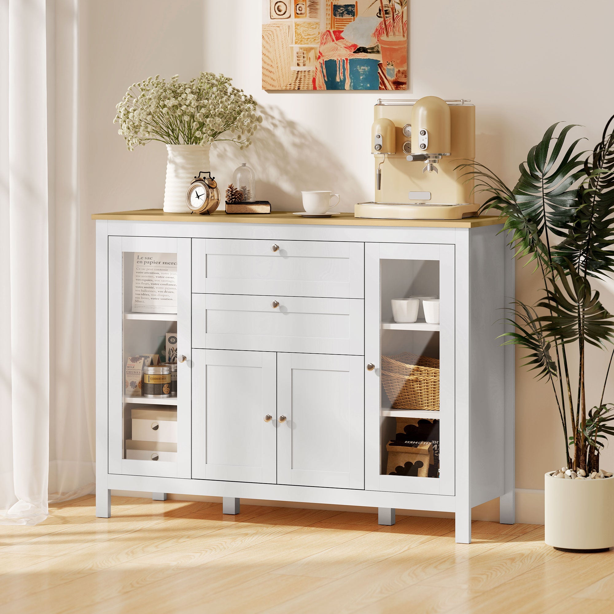 Homcom Aparador De Cocina Mdf, Vidrio Templado 120X40x90 Cm Blanco , Leroy Merlin