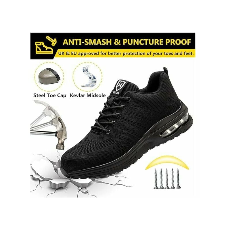 Chaussures de Securité Hommes Femmes Legere Basket de Securite Respirante Confortable Chaussure de Travail avec Embout en Acier Noir Taille 45 - 2