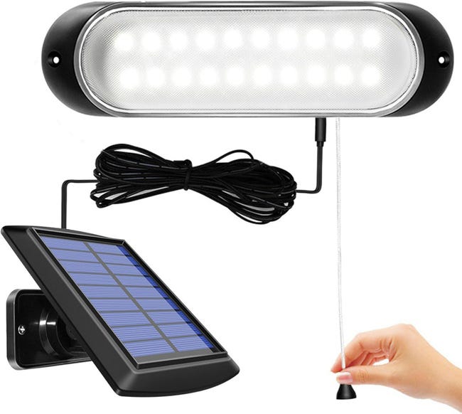 Wodoodporna lampa wisząca solarna IP65 z 20 diodami LED do użytku wewnątrz i na zewnątrz, z linką sterującą, do ogrodu, garażu i na ścieżkę