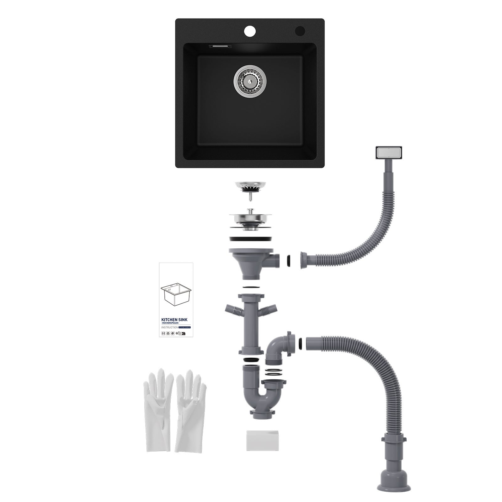 Cecipa max 45x45cm Evier Quartz Noir Evier 1 Bac en Quartz et Résine + Noir Mitigeur Cuisine avec Douchette Extractible 2 Modes de pulvérisat - 6