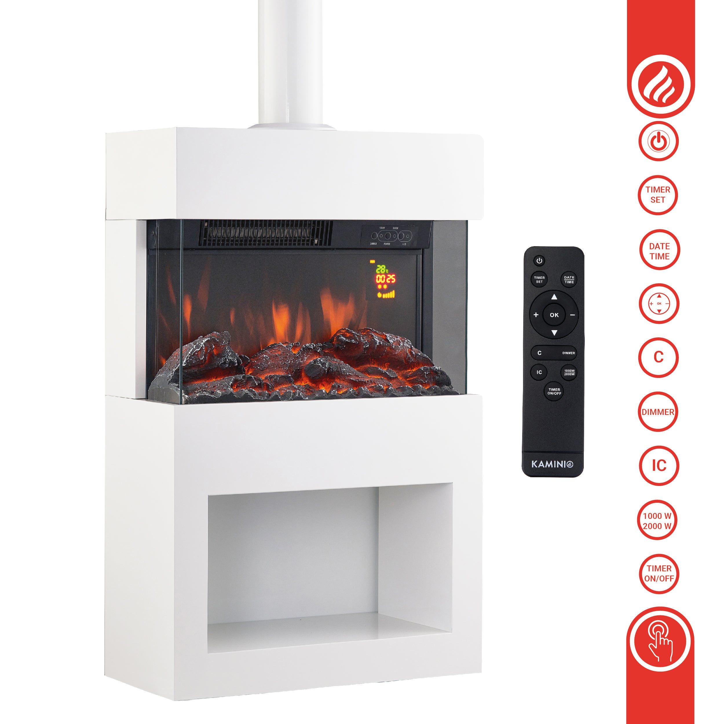 KAMINIO Cheminée Électrique HENRI avec Tuyau - Poêle avec Chauffage, Effet de flamme 3D, Compartiment à bois, Télécommande - Blanc - 5