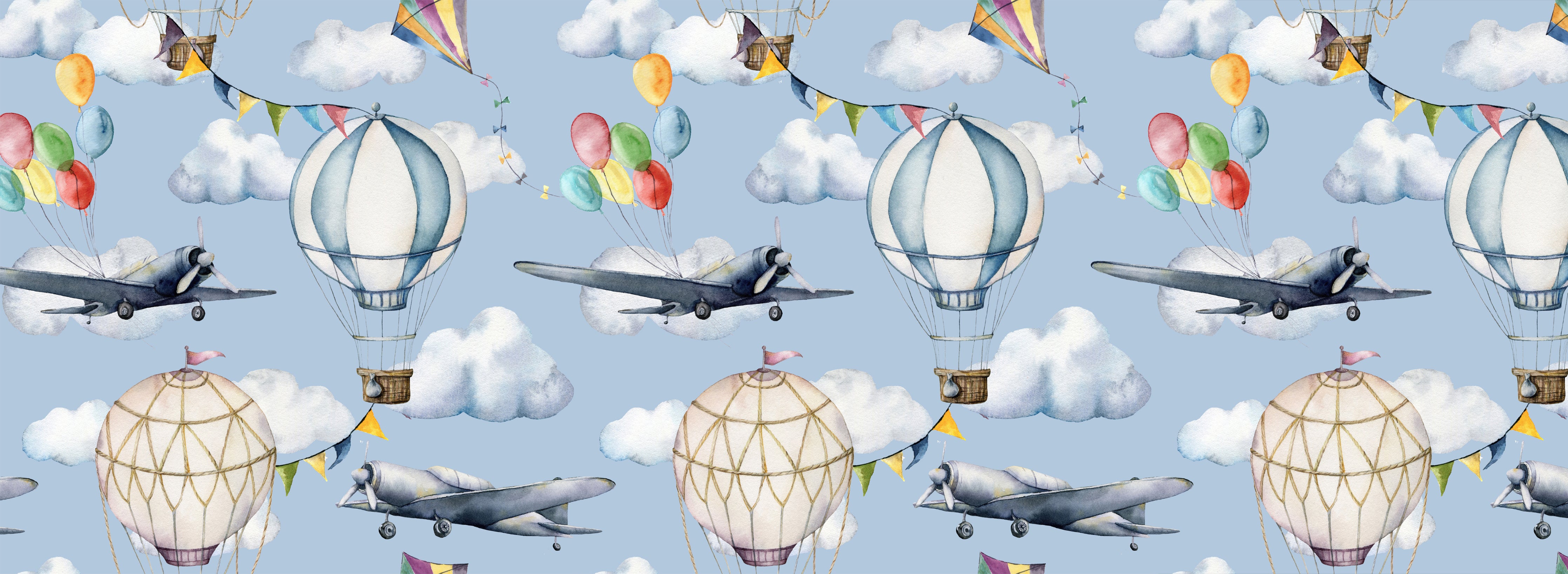 Dywan winylowy dla dzieci Balony i samoloty 66x180 cm - Antypoślizgowy PVC, winyl do pokoju dziecięcego, ognioodporny i zmywalny.