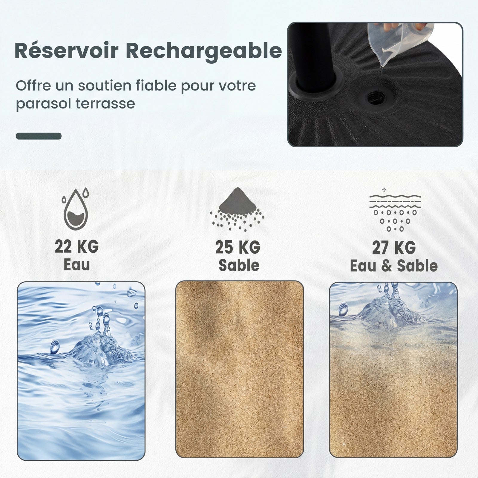 Base pour Parasol Rond 51 cm, Diamètre du Mât jusqu'à 38, 48 mm, Support pour Parasol Remplissable d'Eau et Sable avec 2 Raccords, Porte-mât en Métal - 4