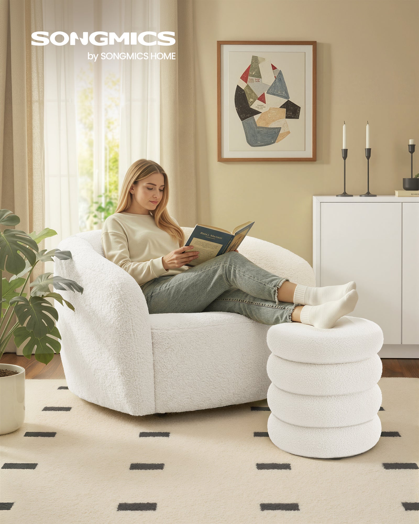 Tabouret de Coiffeuse Rond, Rembourré, avec Rangement, Couvercle Amovible, en Tissu Peluche Teddy, Blanc - 2