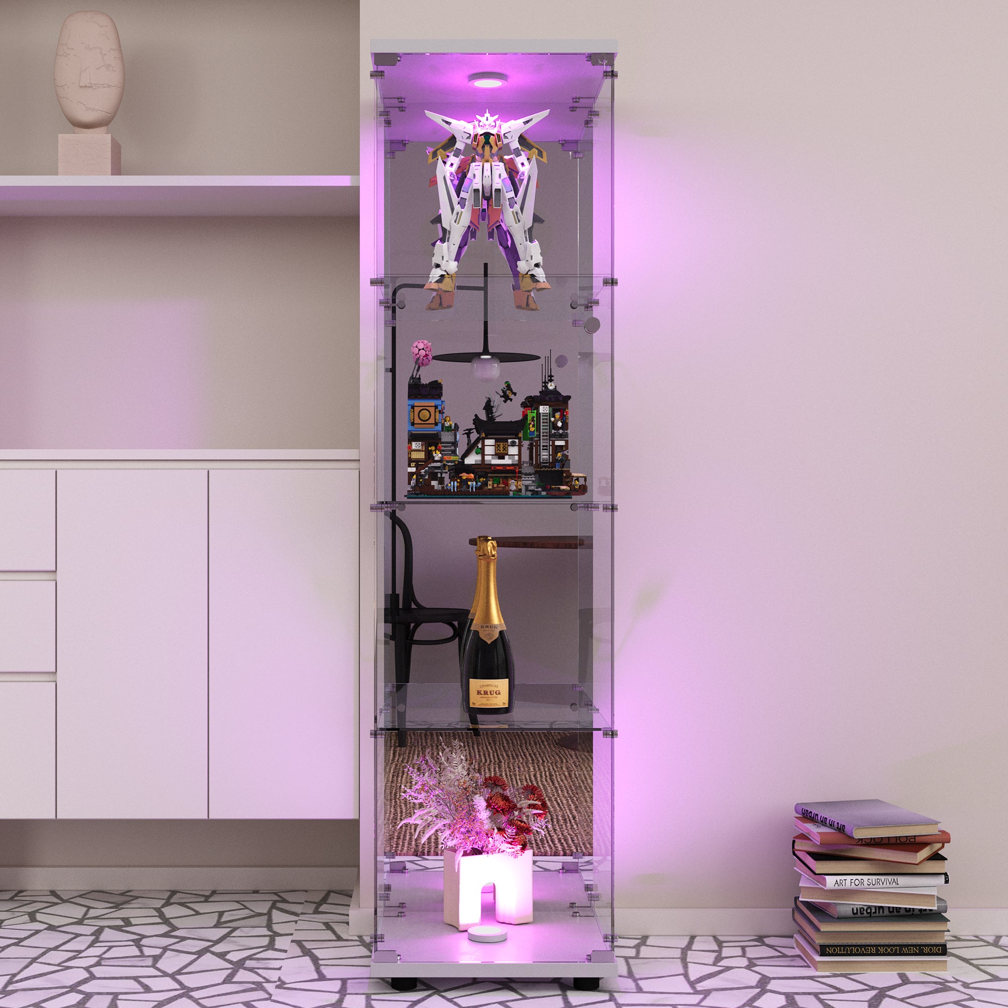 Owllight  Vitrina De Cristal Con 4 Estantes, Led Rgb De 7 Colores, 1 Puerta Con Cerradura, Color Blanco , Leroy Merlin