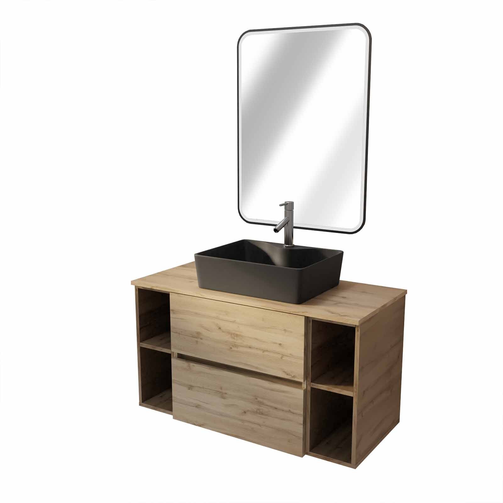 Meuble salle de bains 100 TIMBER Décor Chêne 2 Tiroirs Vasque Noire Rectangulaire Miroir LED 60x80 - 3