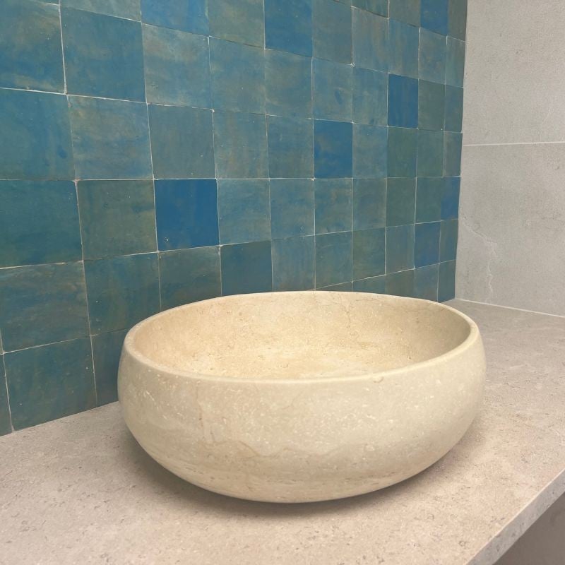 Vasque à poser ronde en pierre naturelle Travertin Beige 46x17 cm - 2