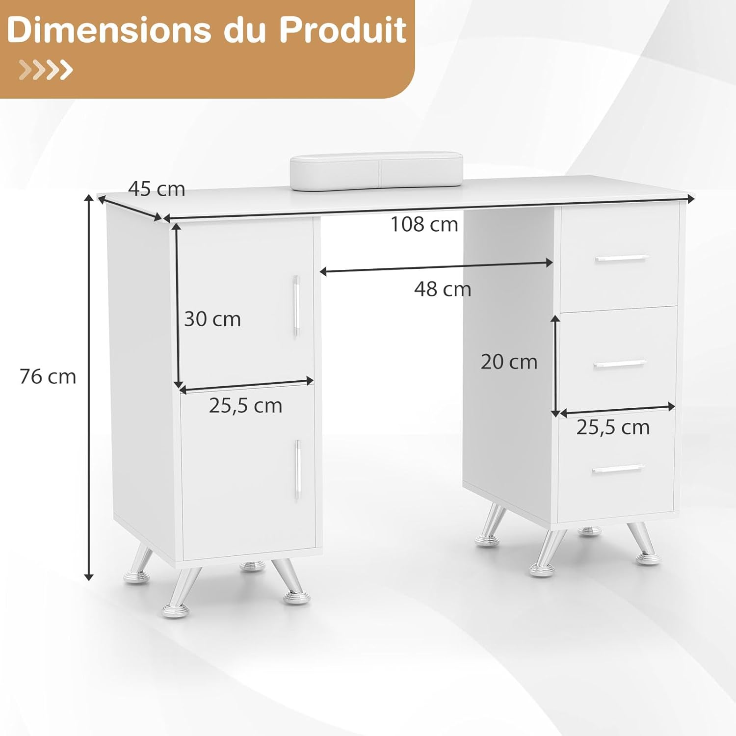 Tavolo da manicure professionale, scrivania e tavolo per unghie 2 in 1, con poggiapolsi, postazione di lavoro in legno, per centro estetico (Bianco) - 9