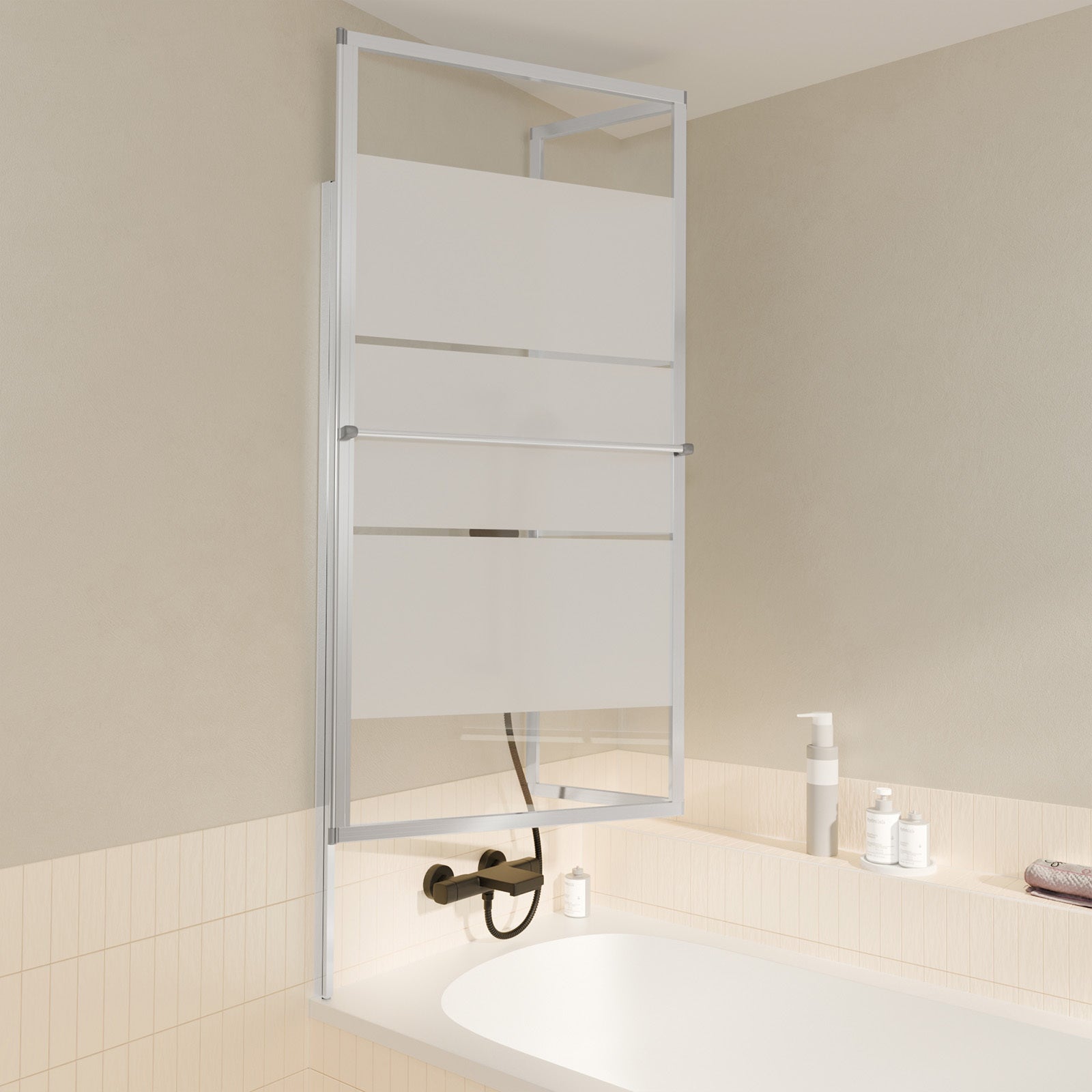 Pare baignoire relevable 139x105cm avec volet - verre transparent avec bande depolie - 2