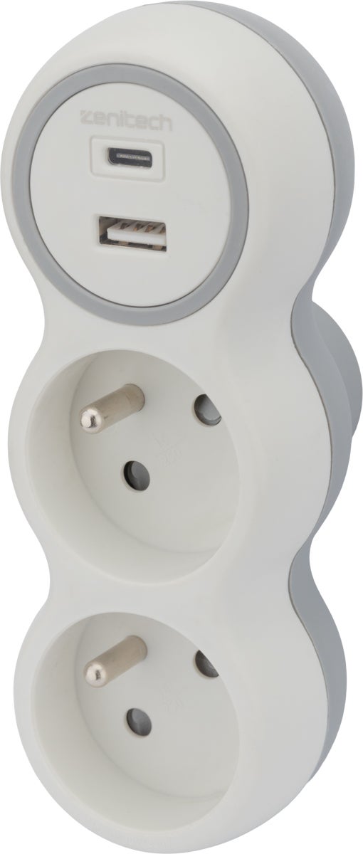 Prise 2x16A + 2 ports USB A/C - Blanc et Gris - Bolea - Zenitech - 3
