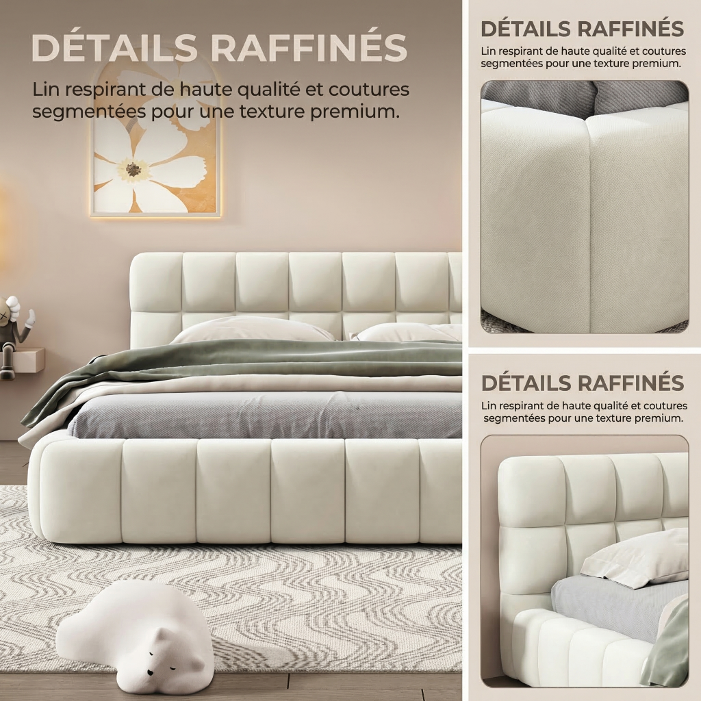 Cama doble 160x200 cm con cabecero forma nube, somier de láminas de madera, estructura metálica, cama acolchada de algodón y lino beige - 5