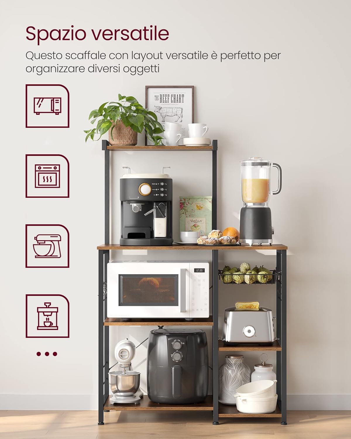 Scaffale Cucina con Cestino Metallo, 6 Ganci, Ripiani a S, per Microonde, Spezie, Pentole, Industriale - 5