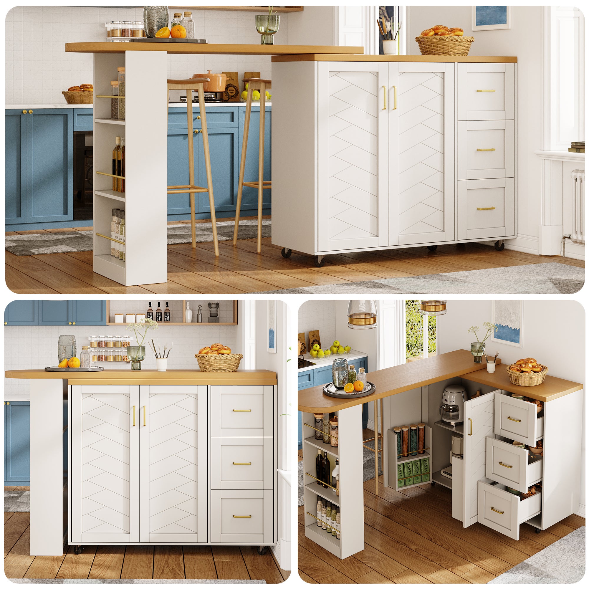 Mobilna wyspa kuchenna z rozkładanym stołem - 2 drzwi, 3 szuflady i półki - 135/228 x 39 x 104 cm - MDF - Biała