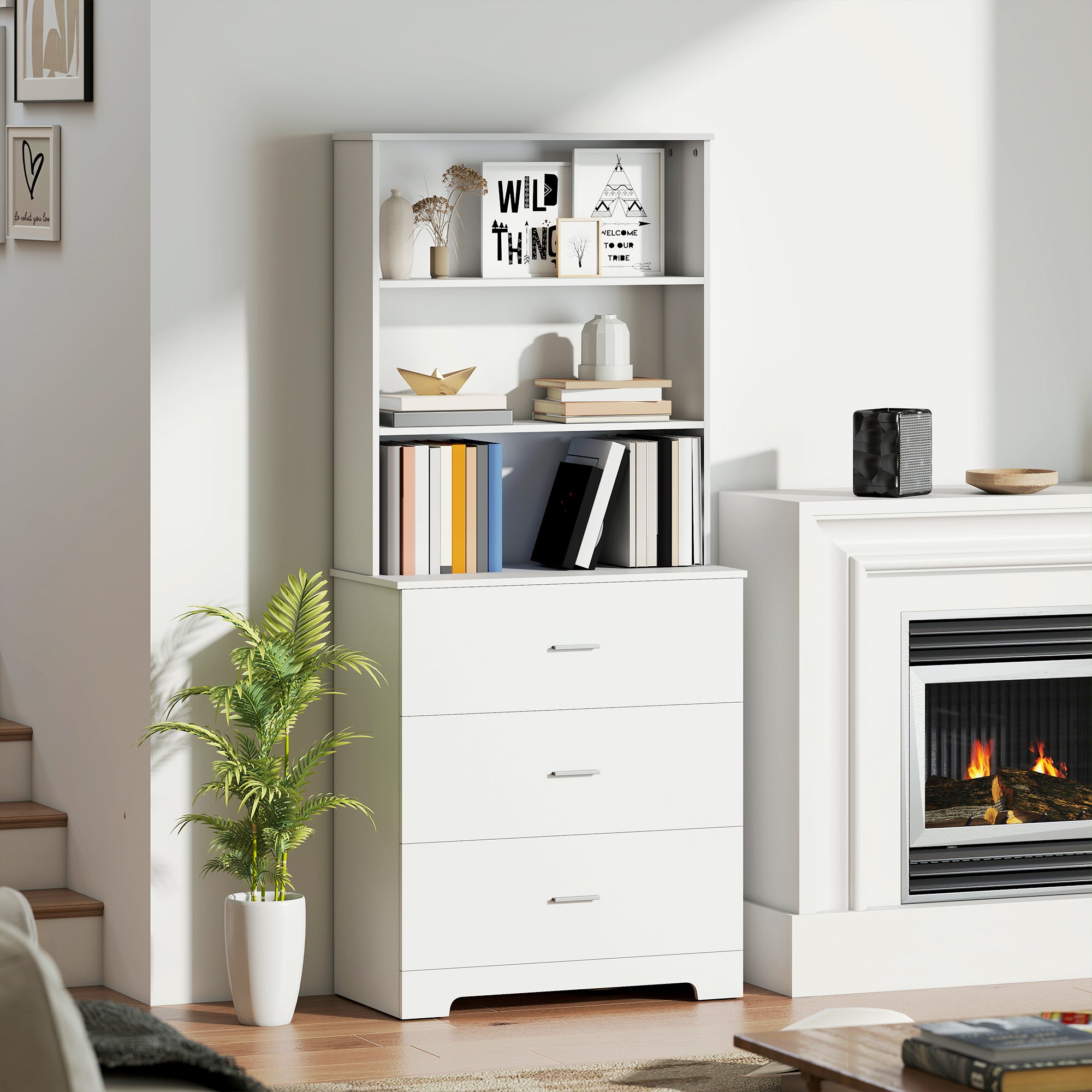 Bibliothèque, armoire haute, vitrine, avec 3 tiroirs et 3 étagères ouvertes. 79 x 39,5 x 180 cm. Blanche. - 3
