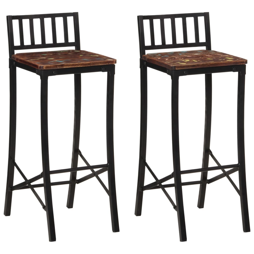 Juego de 2 taburetes de bar fabricados en madera maciza reciclada.