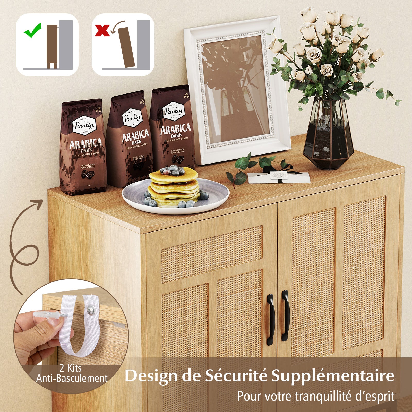 Dwudrzwiowa komoda z regulowaną półką w 3 pozycjach, drzwi z rattanu, mebel pomocniczy w stylu bohemy 80 x 38 x 81 cm do kuchni, salonu, naturalny - 8