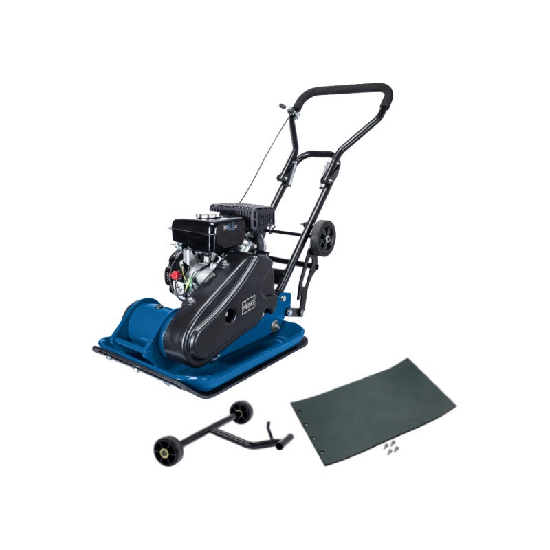 Scheppach Plaque Vibrante Thermique HP2300S Compacteur - 5,6 CV- 13 kN - Vitesse 25m/min - Tapis caoutchouc & dispositif de déplacement inclus - 2